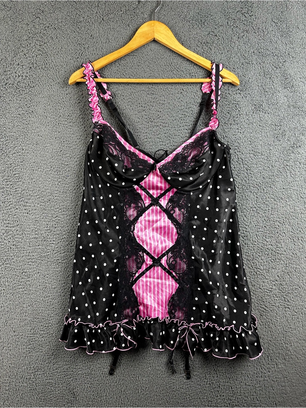 Intimate Attitudes Black Pink Polka Dot Lace Babydoll Garter Top 2X X20290